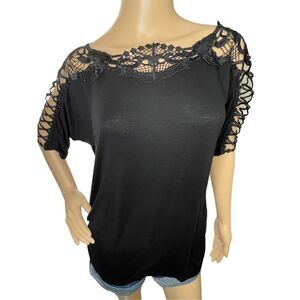 Celine By Champion Black Blouse With Crochet Top and Ruched Sides